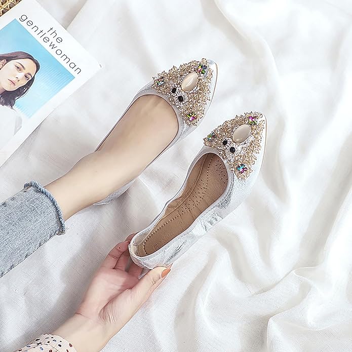 Women Ballet Flats Sparkly Rhinestone Wedding Ballerina Shoes Pointed Toe Foldable Comfort Slip on Flat Dress Shoes