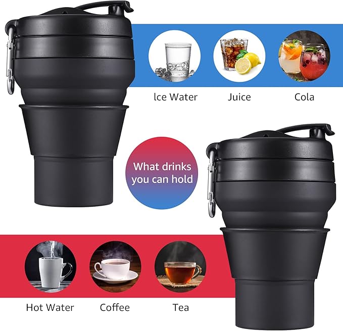 Collapsible Coffee Cup, 16 OZ 480ml Silicone Travel Folding Cup, Leak Proof BPA Free Portable Cup, Travel mug with Lids for Camping hiking