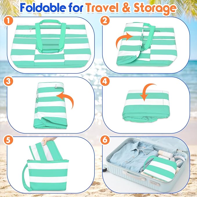BKNOOU Extra Large Beach Bags Waterproof Sandproof XL Beach Tote Bag for Women Zipper Foldable Swim Pool Bag with Wet Pocket