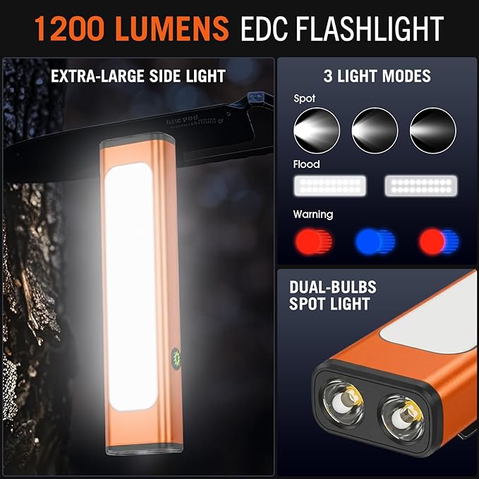 Pocket Flashlight, 1200 Lumens Rechargeable EDC Flashlight with Clip, USB-C Port, 3 Modes Waterproof Warning Light for Working, Camping, Repairing, Emergencies (Orange, 2PCS)