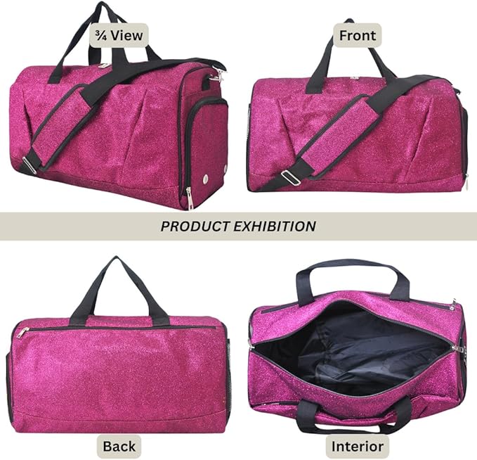 NGIL Glitter Cheers Sports Gym Duffel with Shoe Compartment and Small Carry on Travel Tote Bags for Women, Gym bag, Overnight bags for Women, Cheer Bag (Glitter-Hot Pink)