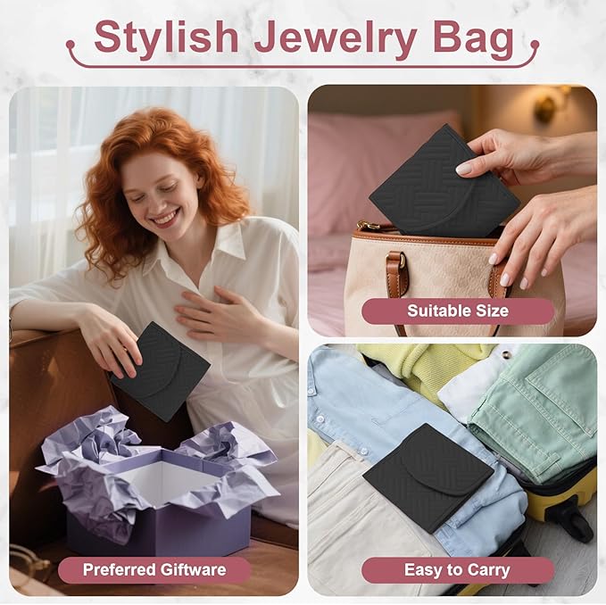 Travel Jewelry Roll Organizer Bag Foldable and Anti-Lost Jewelry Holder Storage for Rings, Necklaces, Bracelets, Earrings and Accessories, Small Black