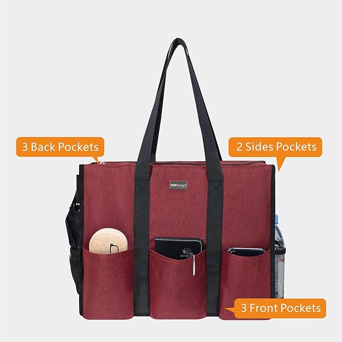 TOPDesign Utility Water Resistant Tote Bag with 13 Pockets, Top Zipper Closure & Thick Bottom Support, for Working Women