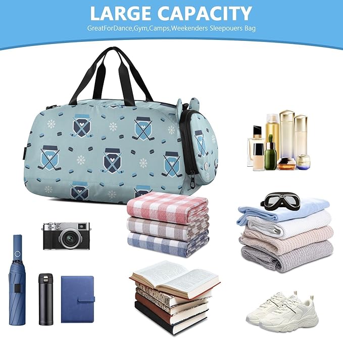 Winter Sports Hockey Blue Print Kids Sports Duffle Bag for Boys Girls Toddler Weekender Overnight Bag with Shoe Compartment & Wet Pocket Travel Foldable Bag for Travel Sport Gym Dance