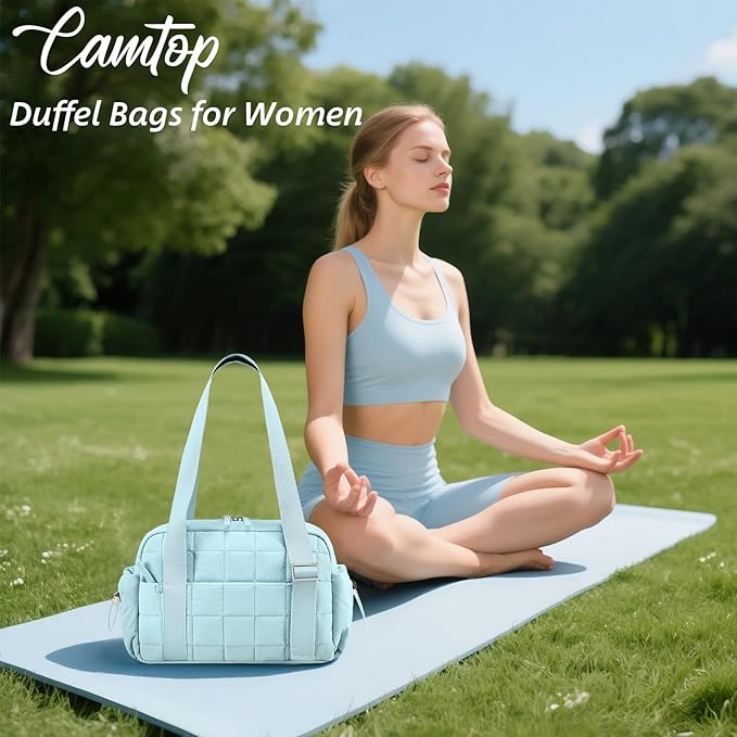 CAMTOP Mini Gym Bag for Women, Small Gym Tote Bag Puffy Quilted Sports Duffel Bag with Wet Compartment and Coin Purse Duffel Bags Dance Yoga Workout Bag for Gifts (Blue, Mini-12.6")