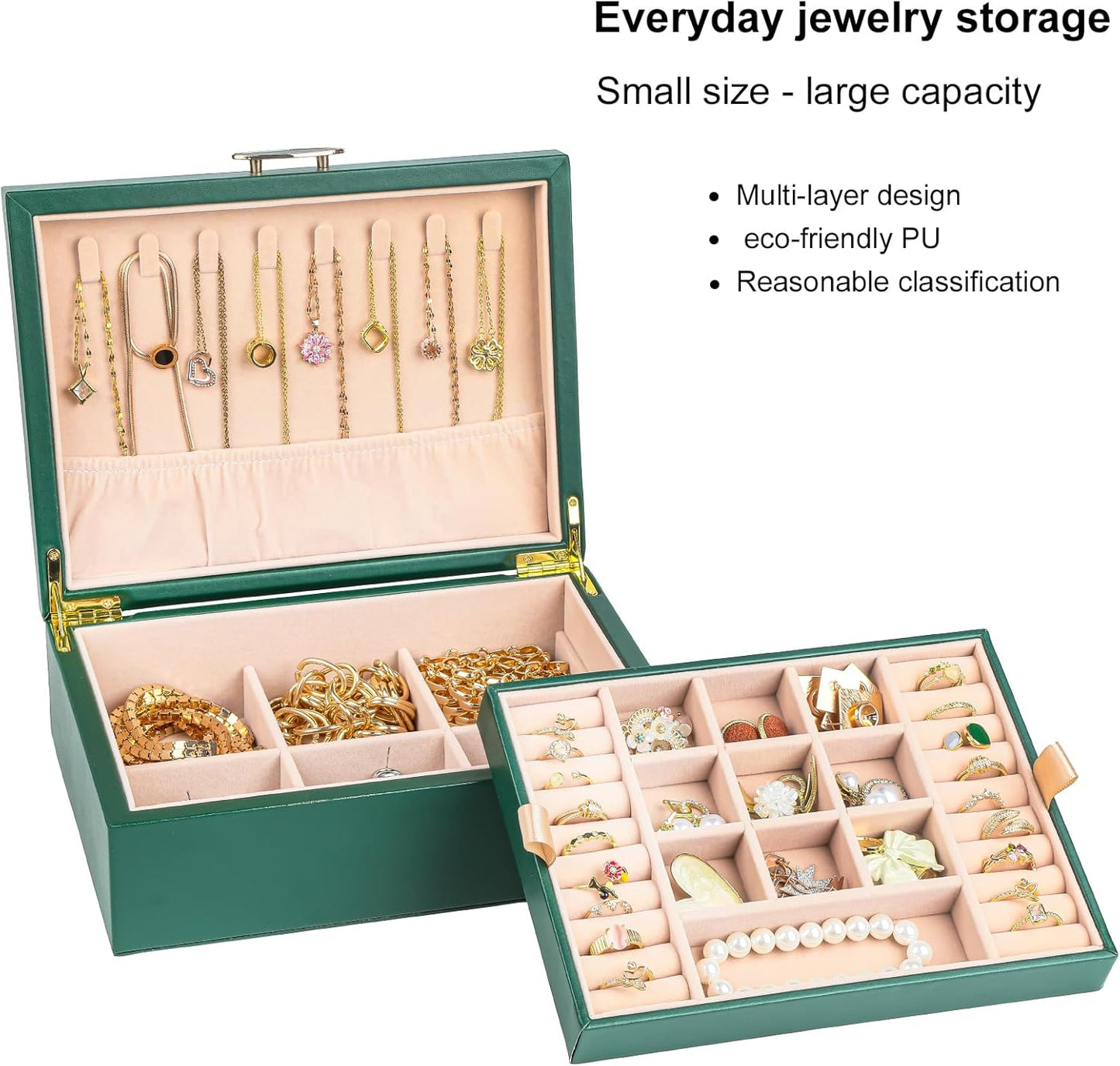 Small Jewelry Organizer for Women, 2-Layer Travel Jewelry Box with Portable Case, Necklace Ring Storage for Dresser, Girls Teens Gifts (Green)