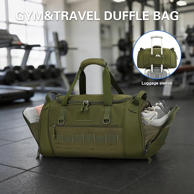 Gym Bag for Men Women 45L Sports Duffle Bag for Travel Tactical Military Duffel Bag with Shoe & Laptop Compartment Lightweight Medium Weekender Travel Bags for Fitness Training Workout, Green