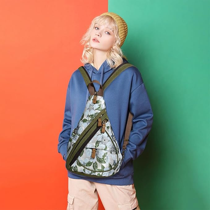 KL928 Canvas Sling Bag - Small Crossbody Backpack Shoulder Casual Daypack Rucksack for Men Women(Embroidery Green)