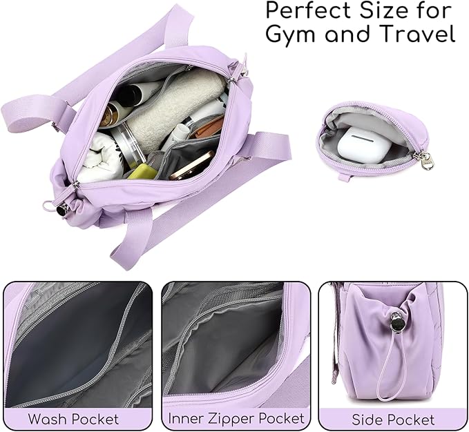 CAMTOP Mini Gym Bag for Women, Small Gym Tote Bag Puffy Quilted Sports Duffel Bag with Wet Compartment and Coin Purse Duffel Bags Dance Yoga Workout Bag for Gifts (Fashional Purple, Mini-12.6")