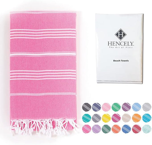 Hencely Turkish Beach Towel 37x68 Oversized, Sand-Free, Quick-Dry, Lightweight - Travel Essential for Pool & Bath - Striped 100% Cotton Bathroom Towels Accessories Gift (Pink)