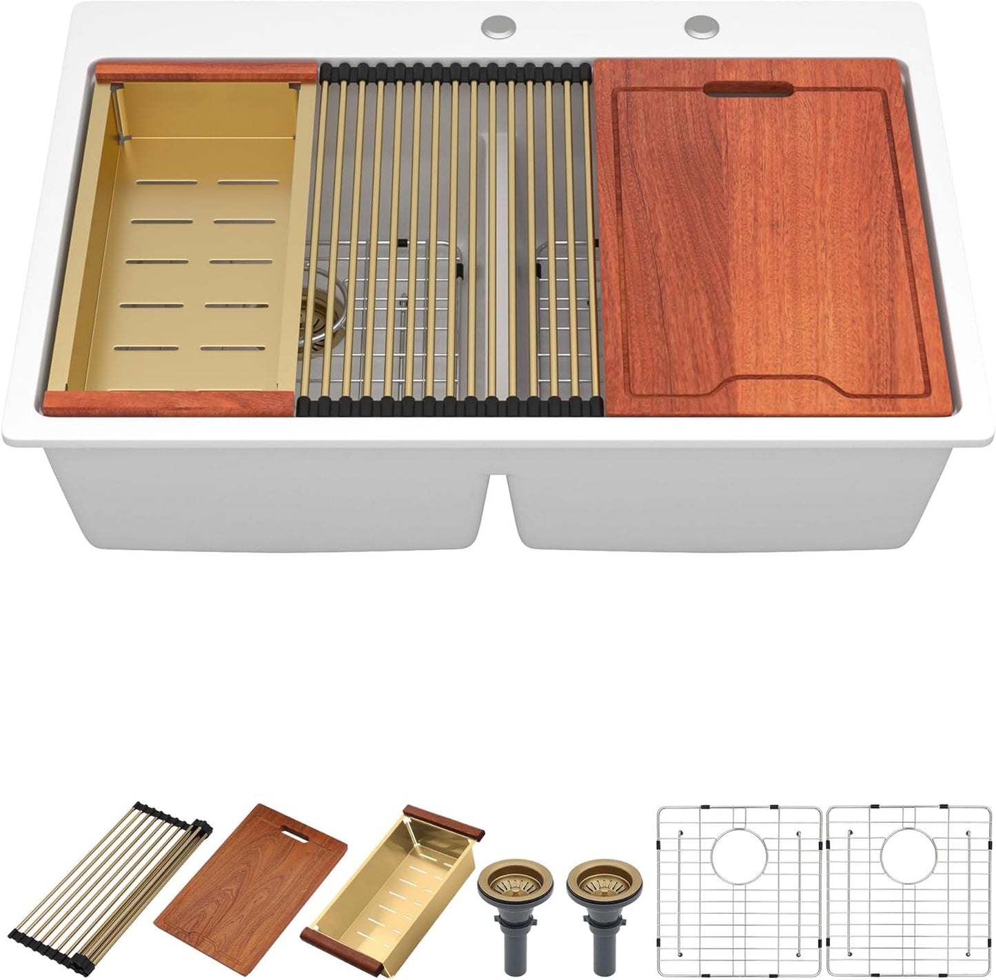 33 Inch Quartz Drop In White Kitchen Sink-Donsdey Double Bowl Topmount Granite Composite Workstation Sinks Double Basin Large Bowl Hard and Durable Noise Reduction Luxury Accessories