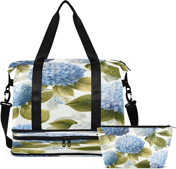 Travel Duffel Bags for Women Watercolor Blue Hydrangea Floral Sports Duffel Bags Gym Bags with Shoes Compartment Tote Bag Weekender Bag for Travelling