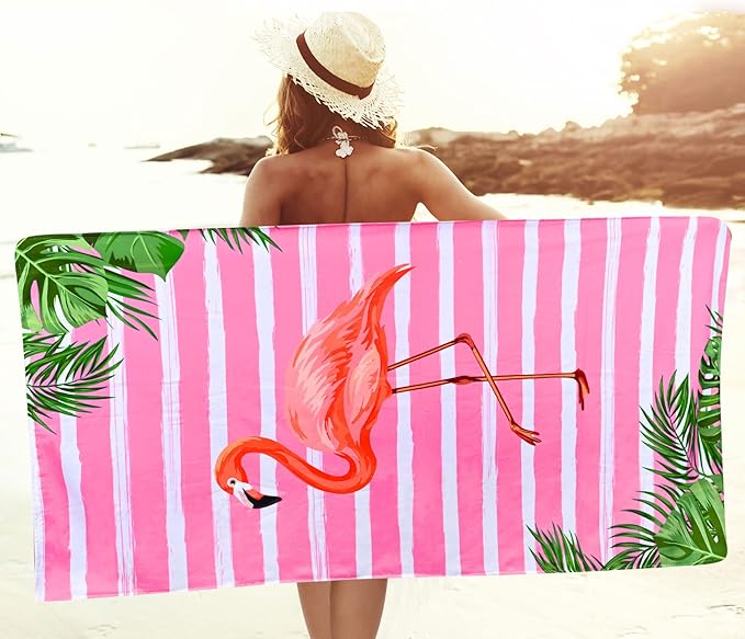 LIVILAN Pink Flamingo Beach Towel, 30”x60” for Girls & Kids, Soft Microfiber, Quick Dry, Sand Free, Lightweight for Bath, Swim, Pool, Yoga, Ideal Flamingo Gift for Women