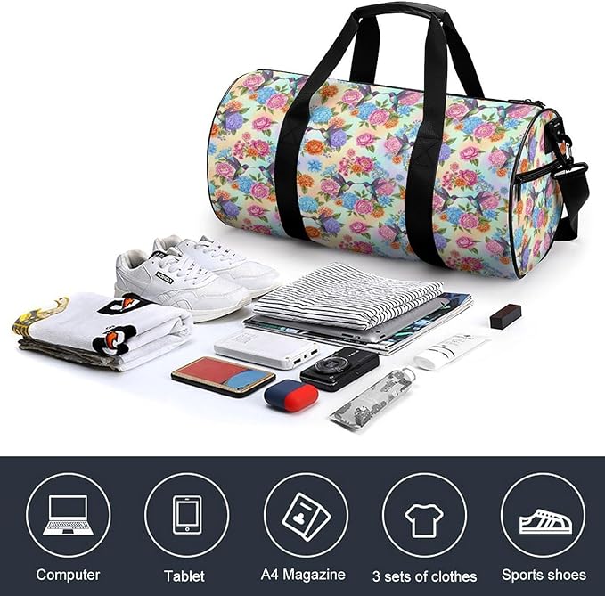 Dance Sports Gymnastics Bag Retro Hummingbirds Floral Foldable Gym Bags Lightweight Travel Sports Bag Unisex Gym Duffel Bags