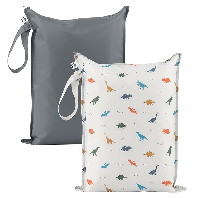 Tiny Twinkle Mess Proof Wet Bags | 2-Pack Reusable Waterproof Wet Bags for Swimsuits | Baby Clothes | Travel & Diaper Bag (Dinosaur)