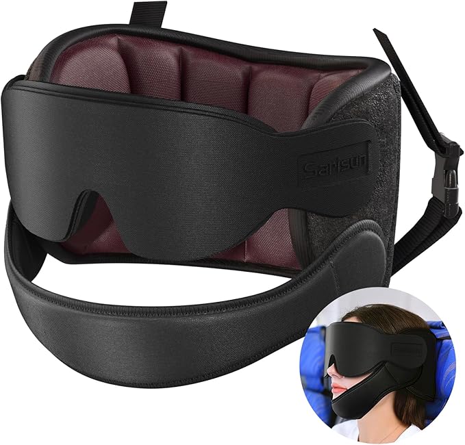 Airplane Pillow Combo with Chin Strap, Travel Pillows for Airplanes with Sleep Eye Mask, Plane Head Strap for Long Flights, Car Road Trip, 360° Headrest, Stop Bobblehead Travel Essential, Red