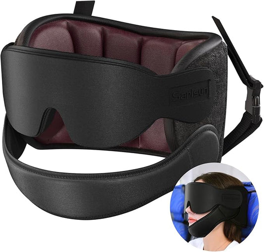 Airplane Pillow Combo with Chin Strap, Travel Pillows for Airplanes with Sleep Eye Mask, Plane Head Strap for Long Flights, Car Road Trip, 360° Headrest, Stop Bobblehead Travel Essential, Red