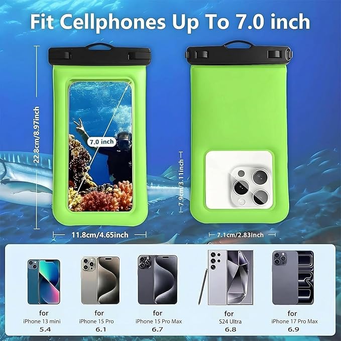 Floatable Soap Bubble Waterproof Phone Pouch Case with Crossbody Lanyard for iPhone 17 series 16 Pro Max/15 Pro/14/13, IP68 Cellphone Dry Bag Beach Cruise Ship Essential,1 Pack-Light Green-7″