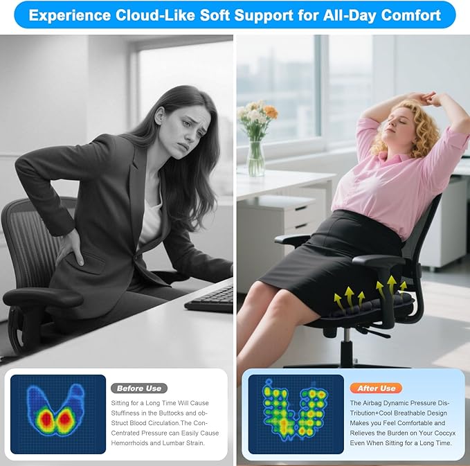 56 3D Air Cell Seat Cushion, Inflatable Travel Seat Cushion for Airplane,Office Chair, Wheelchair, Cars, Home Living, Comfortable Pressure Relief Tailbone Pain Relief (Black, 16"x18")