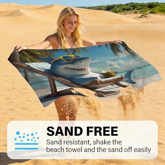 SARA NELL Shark Beach Towel, Funny Shark with Sunglasses and Drink Print, Summer Pool Beach Towel for Beach Vacation, Quick Dry Lightweight, 32"x52"