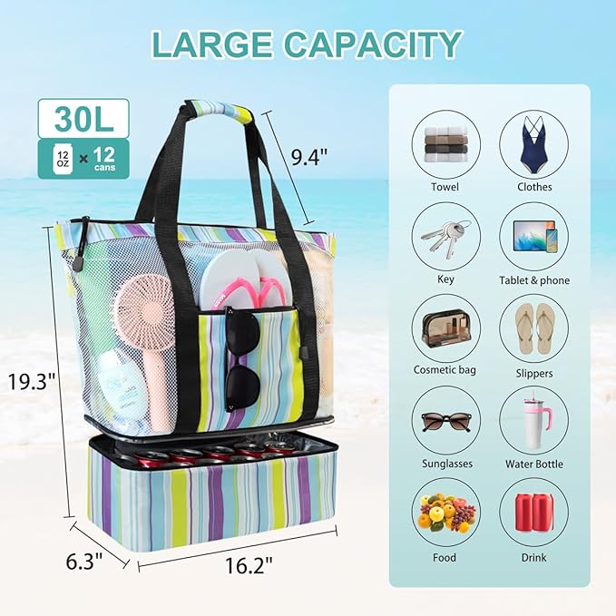 ASL Mesh Beach Bag with Cooler Compartment for Women, 2-in-1 Print Travel Tote 30L with Zipper and Pockets, Pool Picnic