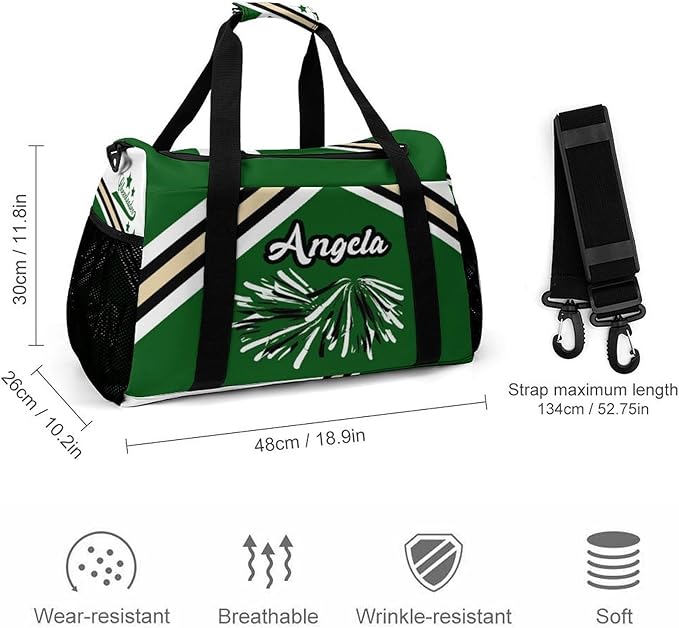 Duffle Bag, Personalized Name Green Cheer Cheerleaders Stripes Pom Travel Bag, Lightweight Gym Training Sports Bags Custom Unisex Gifts for Men Women