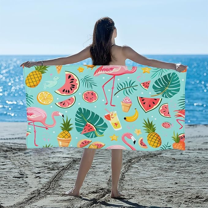 Flamingo Summer Fruit Beach Towel, Large Microfiber Quick Dry Lightweight Pool Bath Towels Sand Free Beach Blanket for Summer Cruise Yoga Camping Travel Vacation Essentials 31 x 61 in