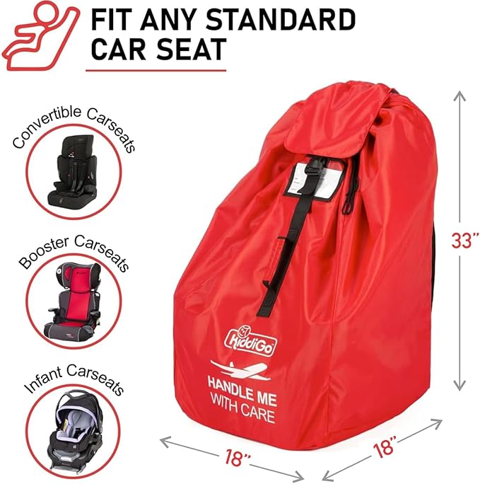 KiddiGo Car Seat Travel Bag for Airplane, Red, 33” H x 18” W x 18” D, Fits Most Standard Convertible, Booster & Infant Car Seats, Gate Check Universal Size Car Seat Cover, Easy Carry Design