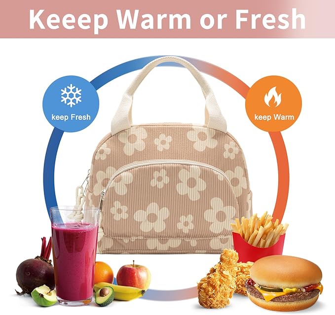 Lunch Bag Women Lunch Box for Women Adult Cute Insulated Lunch Bag Small Cooler Lunch Tote Bags for Work Picnic School (Brown-Flower)