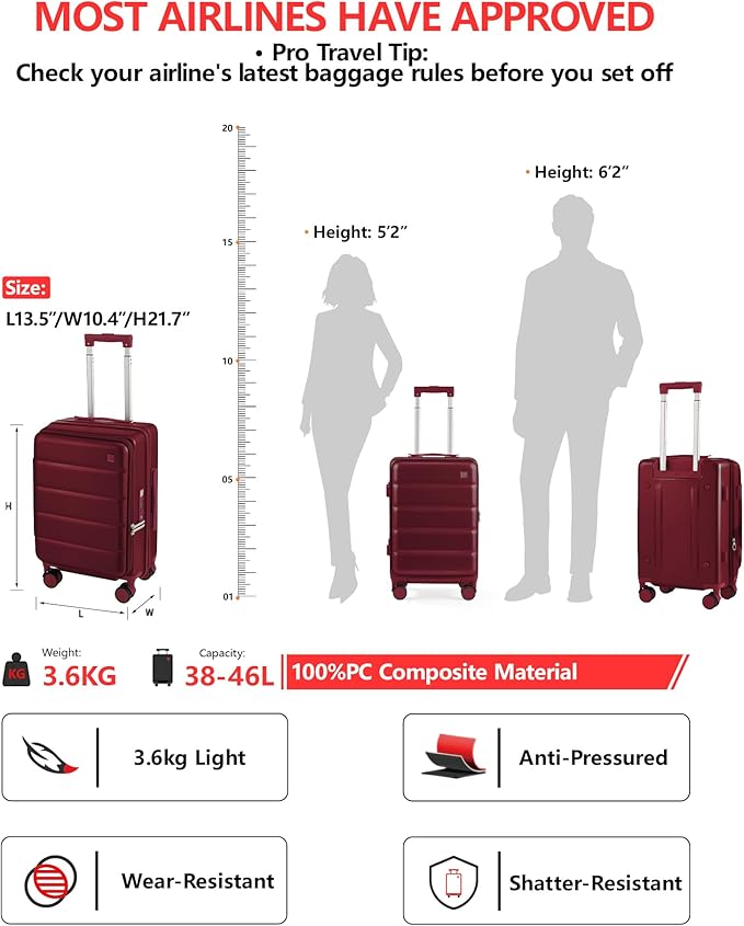 Expandable 20Inch Carry On Luggage Airline Approved - Top Opening Hardside Travel Suitcase Unbreakable -with Cup Holder,USB Charge,Side Pothook, 360°Spinner Wheels, TSA Lock-Wine Red