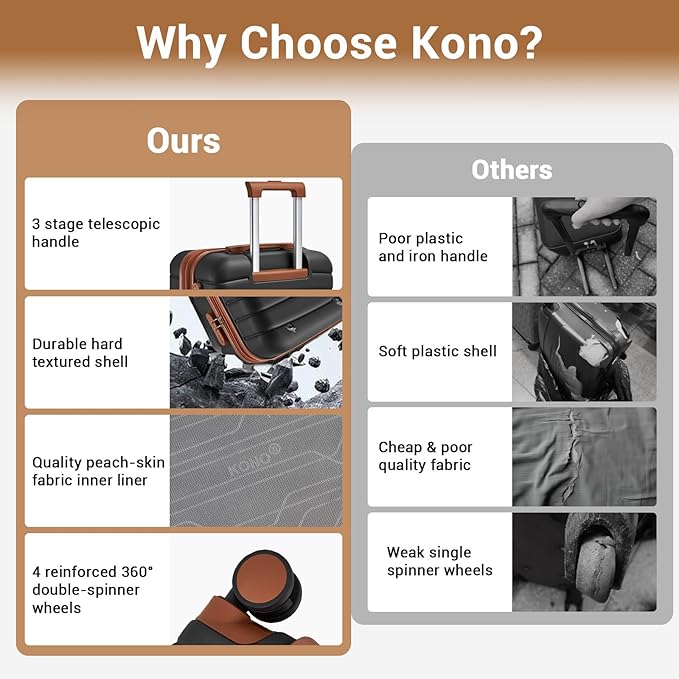 Kono Expandable Carry On Luggage 22x14x9 Airline Approved with Spinner Wheels, 20 Inch Durable PC+ABS Hardshell Travel Suitcase Rolling Luggage with Lock, Black/Brown