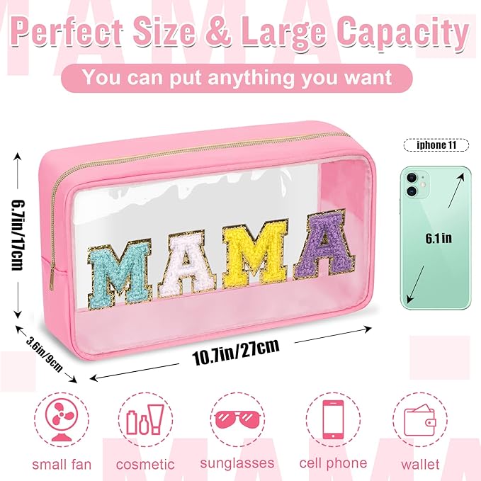 izuzta 2 Pcs Chenille Letter Clear Makeup Bag Mama Baby Pouch, Hospital Duffle Pink Diaper Organizing Pouches with Zipper, Travel Toiletry Nylon Cosmetic for Women(MAMA+BABY)