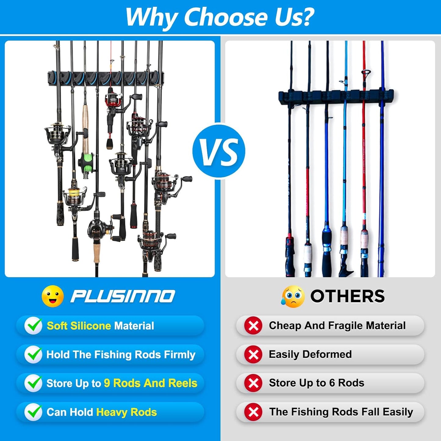 PLUSINNO 2 pack Vertical Fishing Rod rack, Wall Mounted Fishing Rod holder, 2 Packs Fishing Pole Holders Hold Up to 18 Rods or Combos, Fishing rod holders for garage, Fits Most Rods of Diameter 3-18mm