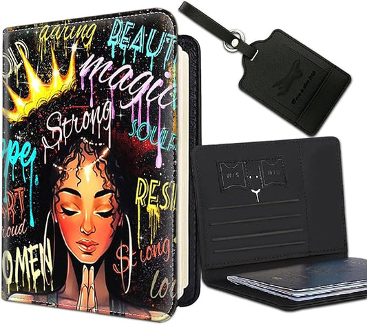 Passport Holder Women Wallet with Luggage Tag, Leather Passport Cover with RFID Blocking, Travel Accessories Multi Card Slot Passport Case for Men，African American Women Afro Girl With Crown