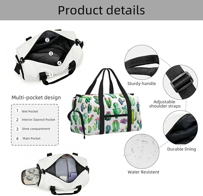 Sports Gym Bag Tropical Plant Cactus Pattern Travel Duffel Bag With Shoe Compartment Shoulder Strap, Lightweight Water-Resistant Weekend Overnight Totes For Women Men