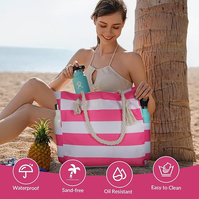 Clothirily Beach Bag for Women - Large Beach Tote Bag, Waterproof Sandproof Beach Bag with Zipper, Large Swim Pool Beach Tote