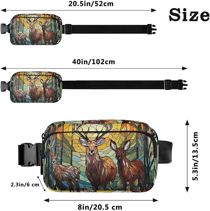 Stained Glass Printed Forest Dear Fanny Pack for Women Men Water Resistant Fashion Waist Packs with Adjustable Strap Belt Bag for Travel Workout Jogging Hiking 21219627