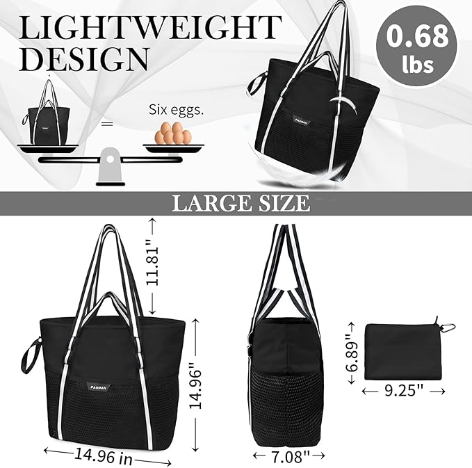 Large Beach Bag with Zipper-8 Pockets Sandproof Beach Tote Bag for Women,Foldable Lightweight Family Swim Bag Vacation
