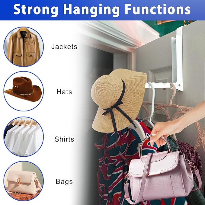 1 Pcs Over The Door Hooks Hanger,Folding Over Door Clothes Drying Laundry Rack Hooks for Hanging Clothes,Over Door Towel Racks with 6 Groves,Hanger for Clothes,Coats,Towels for Bedroom Bathroom -White