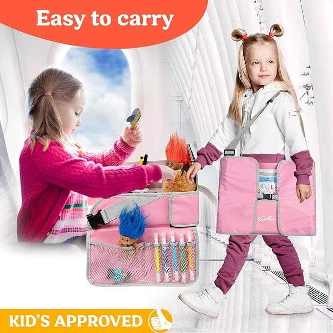 PILLANI Kids Travel Tray for Car Seat - Carseat Tray w/ iPad Holder & Dry Erase Board, Road Trip Activities - Toddler Lap Desk Organizer for Airplane - Roadtrip & Travel Essentials - Pack of 2, Pink