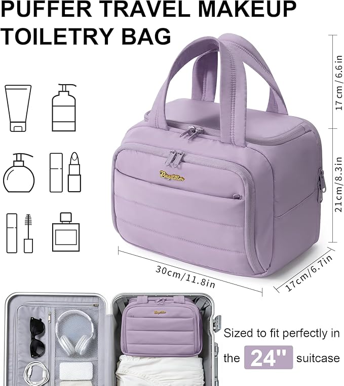 Travel Toiletry Bag for Women, Lightweight Large Quilted Puffy Makeup Bag Wide-open Make up Organizer Cloud Cosmetic Bag w/Handle for Traveling, Toiletries, Essentials Accessories Lavender