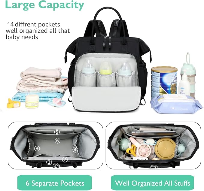 Large Diaper Bag Tote, 14 Pockets Stylish Baby Bag with Stroller Clips and 3 Insulated Pockets, Baby Shower Essentials