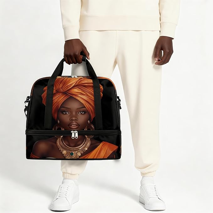 Foldable Travel Duffel Bag for Women - Carry on Personal Item Bag with Shoes Compartment, Weekender Overnight Duffle Bags Sport Tote Gym Luggage for Airplanes Traveling(African Ethnic Woman)