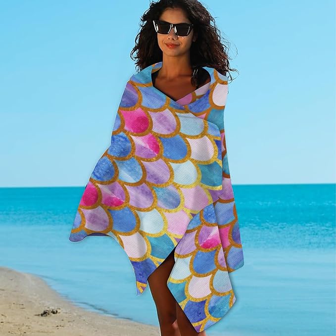 Beach Towel,Watercolor Mermaid Golden Fish Scales Lightweight Compact Sand Free Quick Dry Oversized Pool Swimming Towels for Girls Women Adults,29.5"×59"
