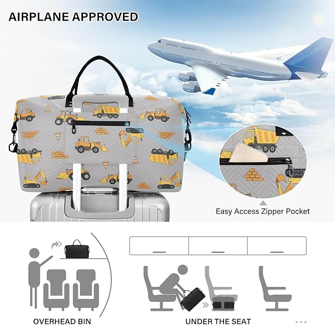 Travel Duffle Bag, Yellow Excavator Truck Gym Bag with Storage Bag Weekender Overnight Bag for Men Women Trip Sports Yoga