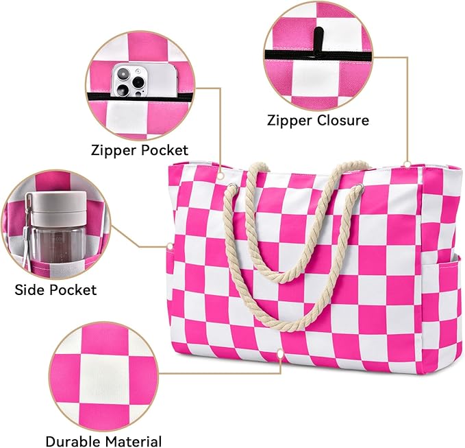 Becokan Beach Bags for Women Checkered Large Beach Tote Bag Zipper Beach Bags Waterproof Sandproof Canvas Swim Pool Bag