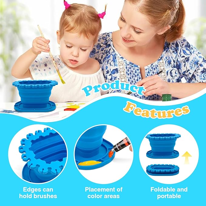 Foldable Silicone Paint Brush Cleaner Cup with Holder, Collapsible Basin for Acrylic, Watercolor & Oil Painting, Portable Artist Travel Supplies, Multi-Size Brush Drying Rack & Mixing Palette ﻿ ﻿ ﻿
