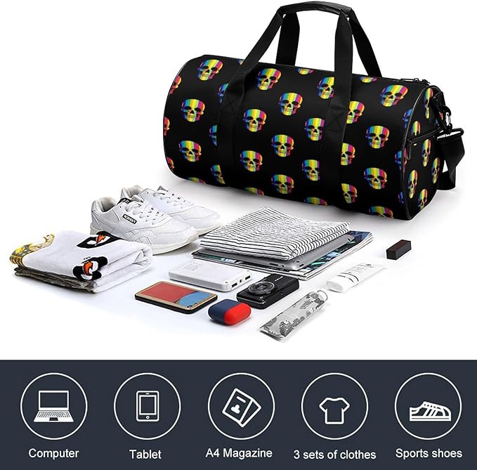 Dance Sports Gymnastics Bag Rainbow Skulls Foldable Gym Bags Lightweight Travel Sports Bag Unisex Gym Duffel Bags