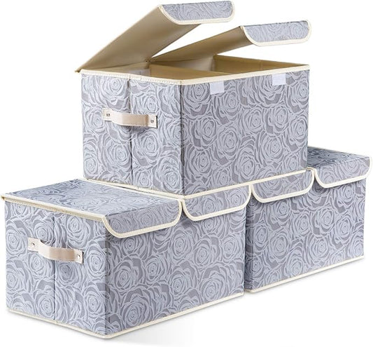 PRANDOM Large Foldable Storage Bins with Lids Fabric Decorative Storage Box Cubes Organizer Containers Baskets with Cover Handles Removable Divider for Home Bedroom Closet 17.3x11.8x9.8 Inch 3 Pack