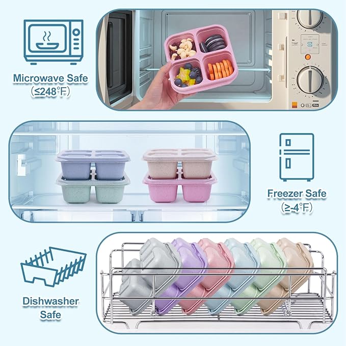 4 Pack Snack Box Containers, 4 Compartment Reusable Snack Containers with Lids, Microwave Dishwasher Safe, Divided Food Storage Lunchable Container for Work Travel (Green)